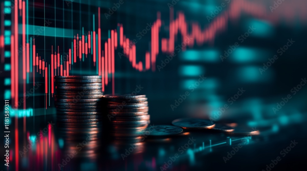 Aufkleber stacks of coins are placed on a reflective surface, with a digital screen displaying stock market ch