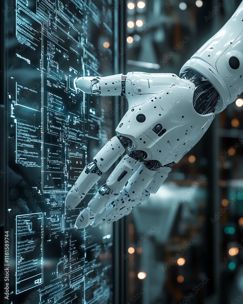 Poster futuristic automated production line in a cuttingedge factory, with digital control panels, robotic 