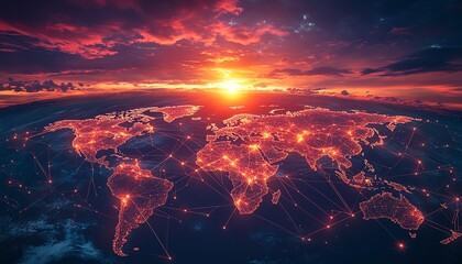 Global logistics network featuring shipping containers, interconnected by digital data lines, against a digital world map and stunning sunset colors