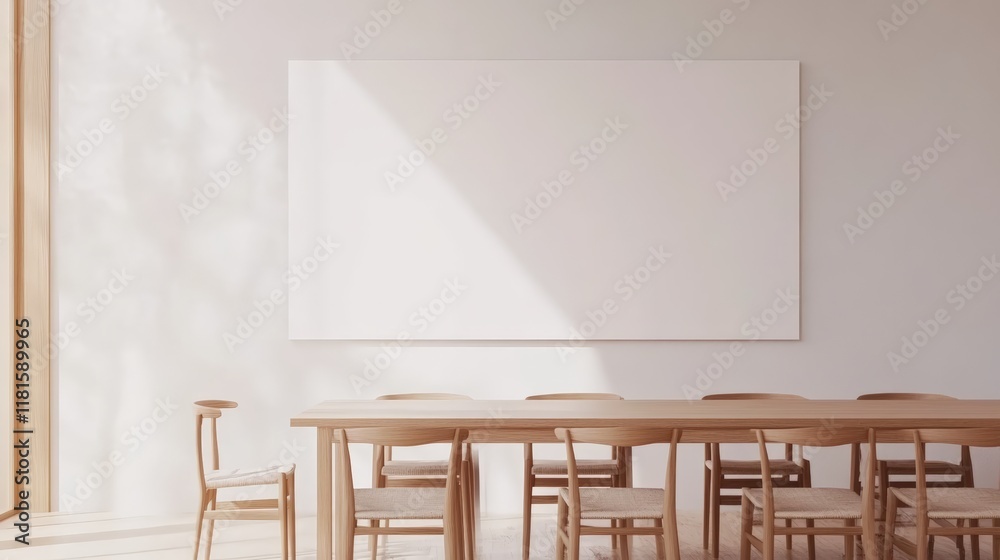 Poster sunlight is illuminating a minimalist dining room with a wooden table and chairs and a blank horizon