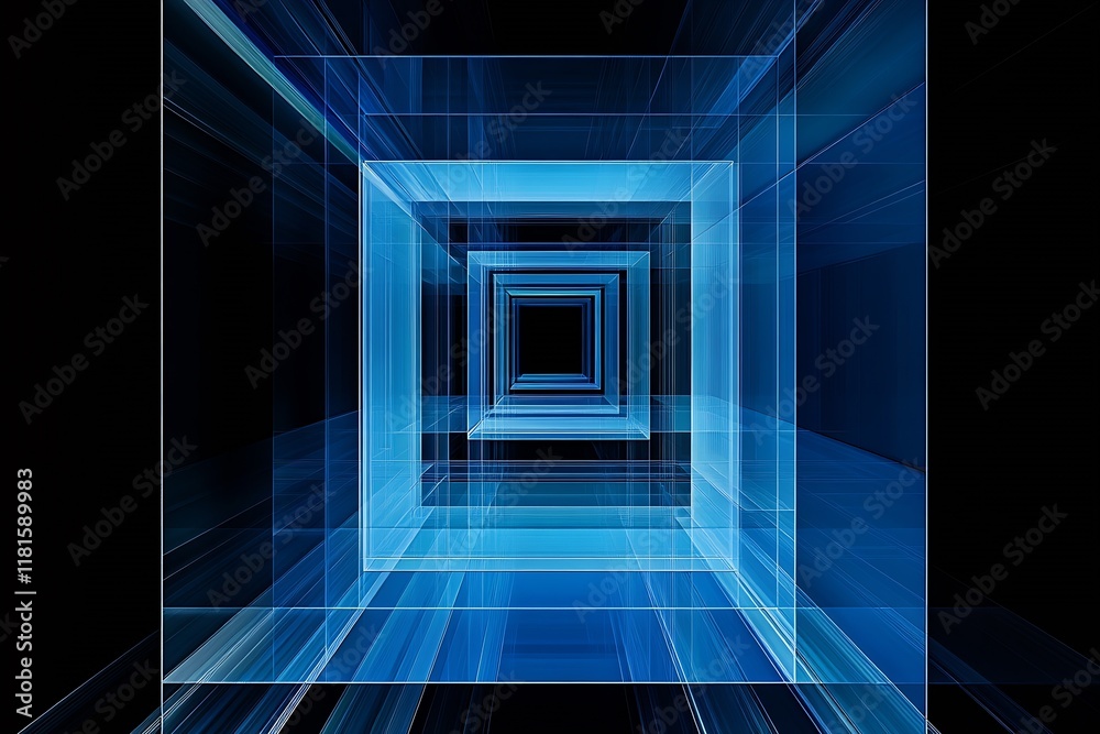 Poster futuristic abstract blue tunnel of infinite geometric layers with depth illusion : generative ai