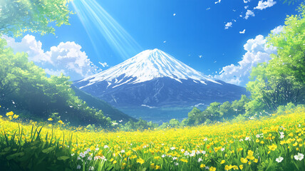 Fototapeta premium 青空と菜の花畑が広がる春の富士山の美景