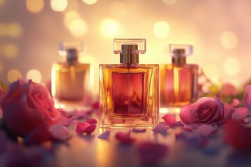 Elegant Perfume Bottles with Rose Petals and Bokeh Lights on a Warm Background.