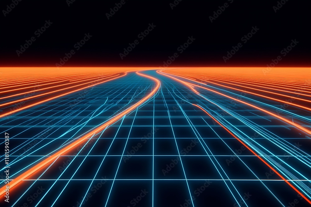 Poster futuristic glowing digital grid with neon lines in dark space : generative ai