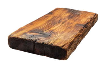 Old rustic wooden chopping block with dark texture, vintage cutting board, weathered kitchen surface, aged wood, and farmhouse culinary decor isolated on transparent background