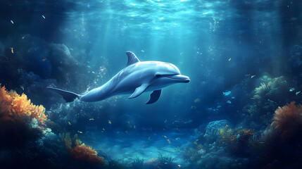 Fototapeta premium Dolphin Swims Through Coral Reef in the Ocean Deep Sea with Fish