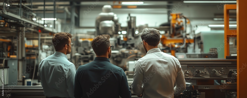 Poster Group of engineers in an industrial factory, analyzing and discussing advanced machinery, with modern equipment and machinery in the background