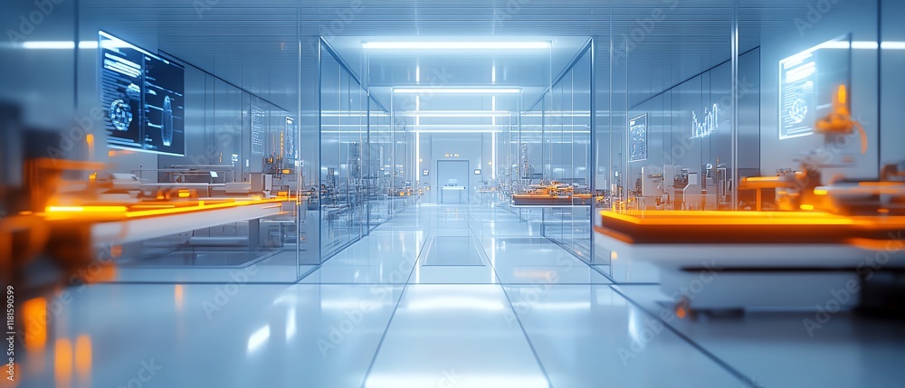 Poster Hightech automated production line in a modern factory, featuring a digital interface and futuristic technology for seamless manufacturing efficiency