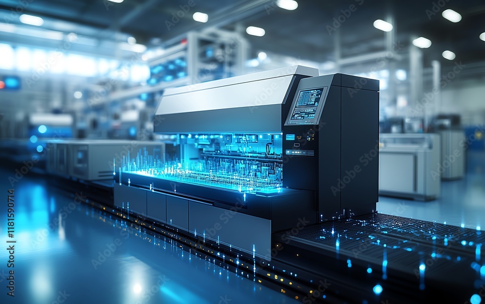 Poster Hightech automated production line in a modern factory, featuring a digital interface and futuristic technology for seamless manufacturing efficiency