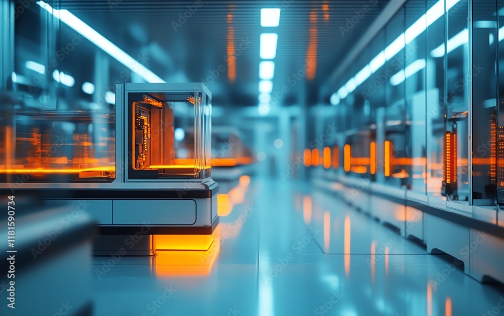 Fototapete Hightech automated production line in a modern factory, featuring a digital interface and futuristic technology for seamless manufacturing efficiency
