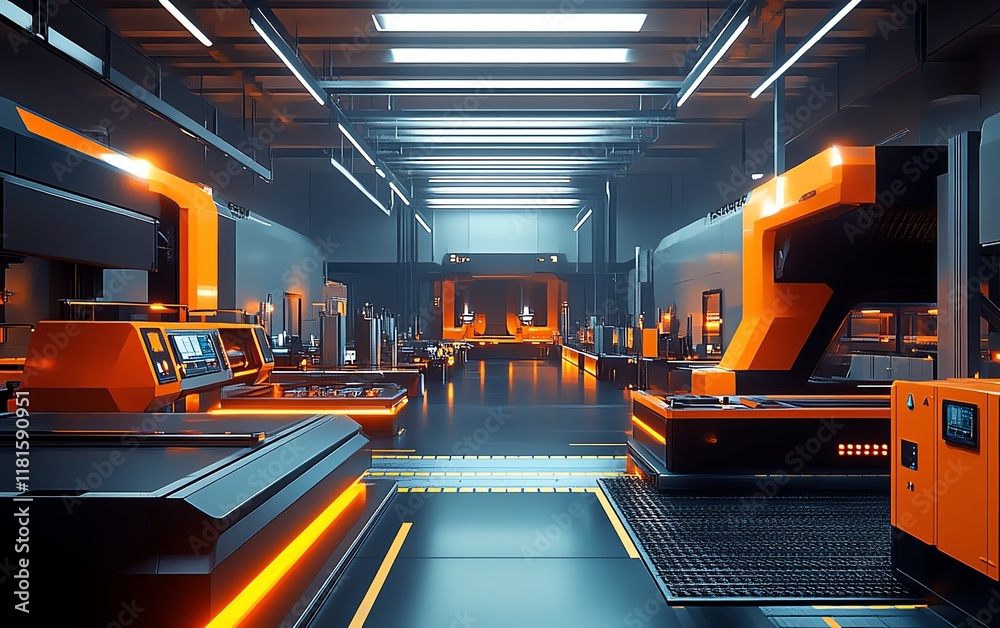 Poster Hightech modern factory with an automated production line, displaying digital interfaces and futuristic machinery working in sync to optimize production