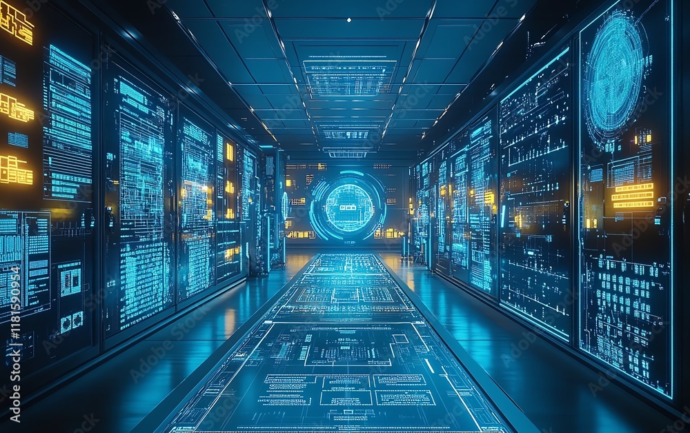 Poster Hightech modern factory with an automated production line, displaying digital interfaces and futuristic machinery working in sync to optimize production