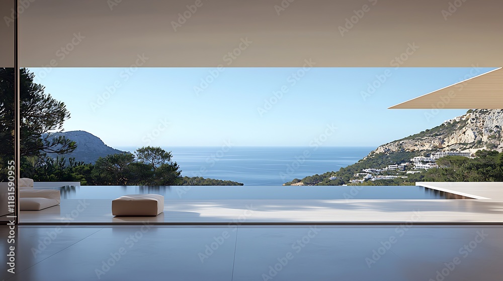 Poster Sophisticated Infinity Edge Pool With Stunning Sea and Mountain Views in Minimalist Oasis : Generative AI