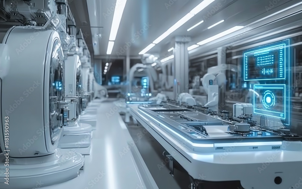 Poster Hightech modern factory with an automated production line, displaying digital interfaces and futuristic machinery working in sync to optimize production