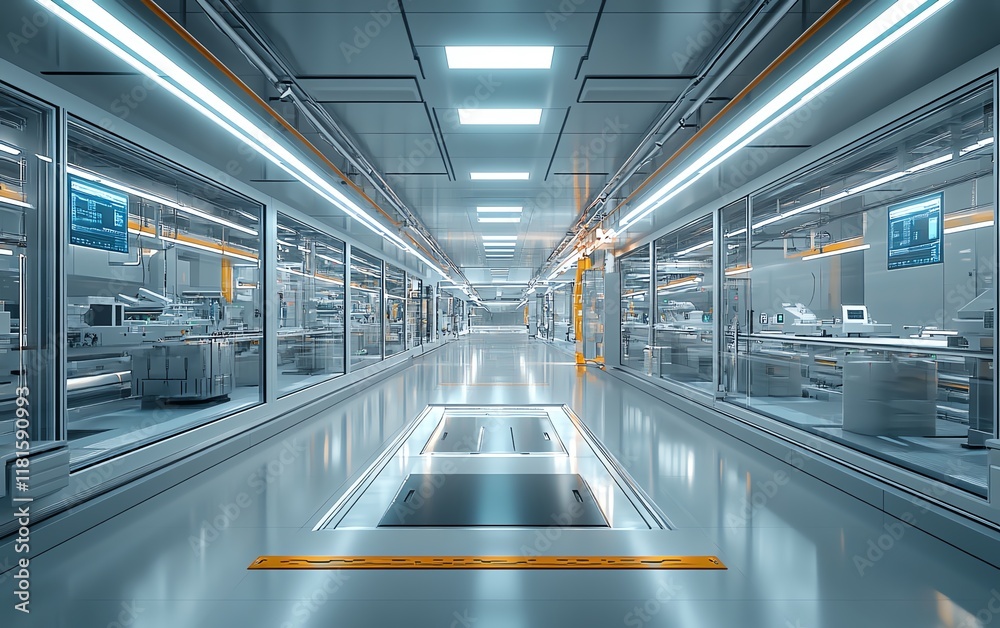 Poster Hightech modern factory with an automated production line, displaying digital interfaces and futuristic machinery working in sync to optimize production