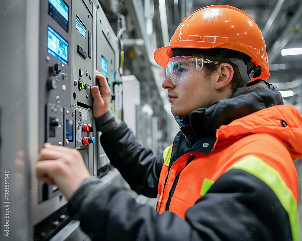 Poster industrial engineer in highvisibility jacket and safety gear, operating a complex control panel in a