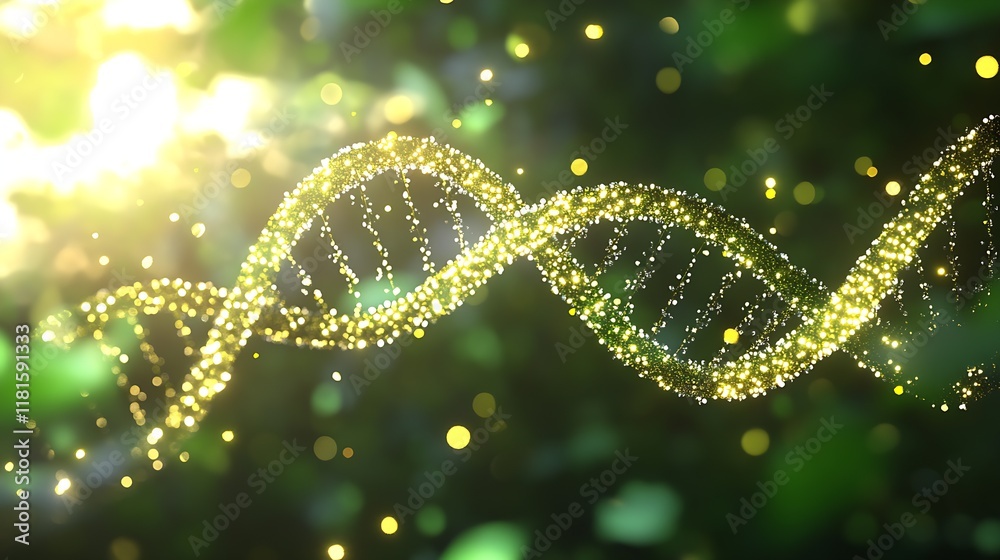 Poster Bright Lit Green DNA Helix with Twinkling Lights on a Soft Nature Background Scientific Imagery : Generative AI