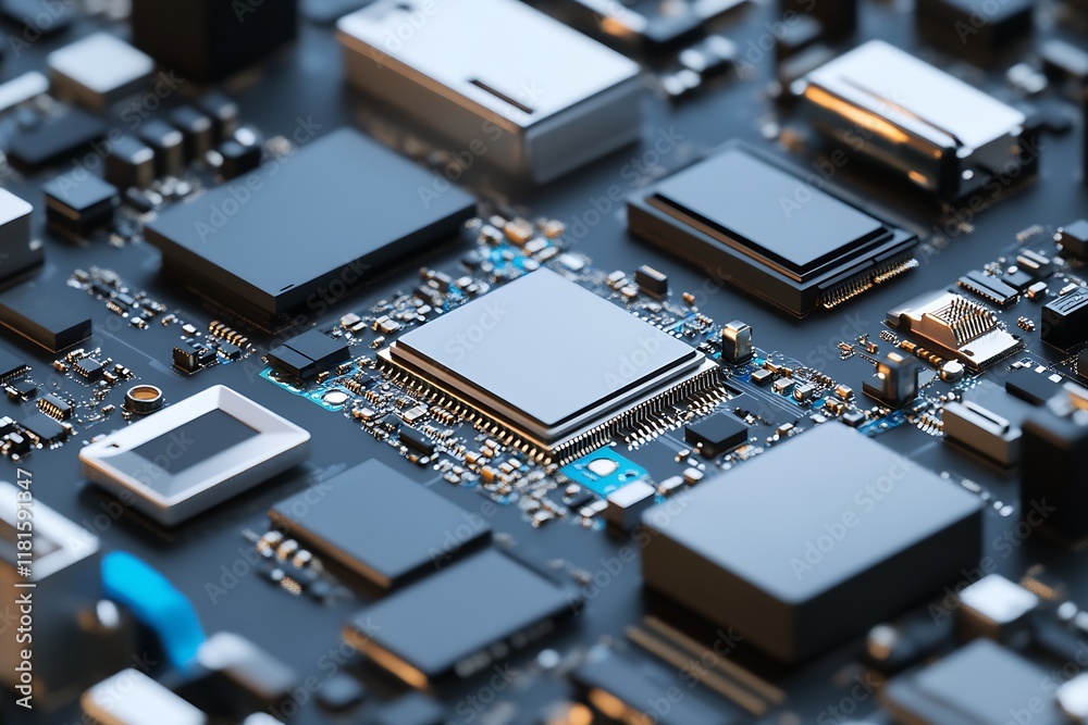 Poster Closeup of intricate computer motherboard showcasing electronic circuits : Generative AI