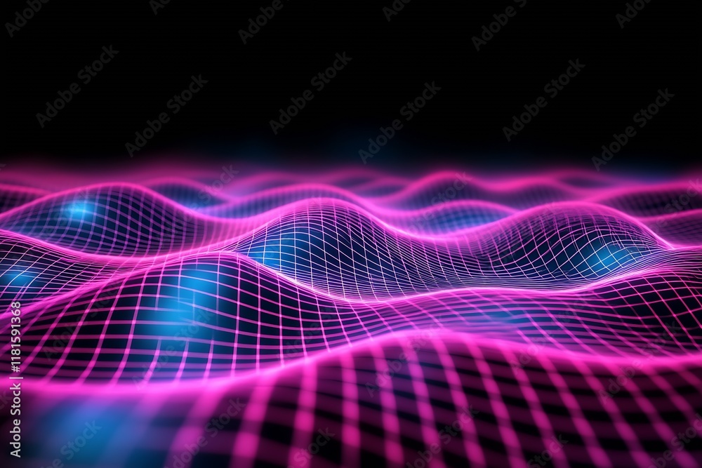 Leinwandbilder Neon Pink and Blue Ripple Waves in a 3D Grid Abstract Design : Generative AI