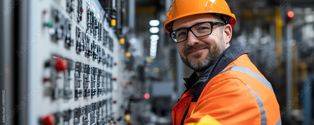 Poster industrial engineer with safety gear and a highvisibility jacket, managing a control panel in a stat