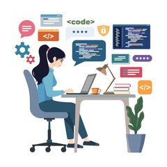 Fototapeta premium Flat Vector Design Illustration Image of a Female Programmer sitting facing a laptop doing coding, Isolated white background