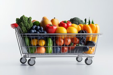 Side View of Shopping Cart Filled with Diverse Fruits and Vegetables on White Background : Generative AI