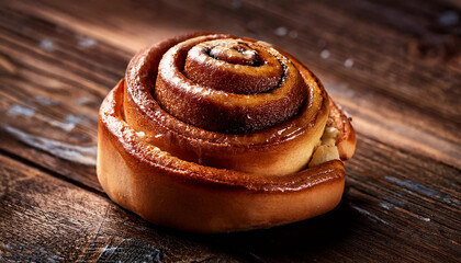 A close-up view of a golden cinnamon roll with glaze, displayed on a wooden background, exuding warmth and inviting an appetizing experience.