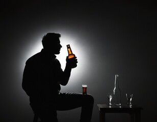silhouette of a man alcohol addiction concept , realistic illustration