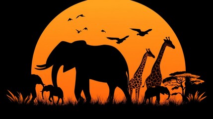 Obraz premium African Sunset Silhouette Elephants, Giraffes, and Birds