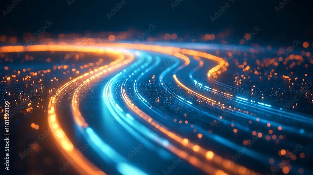 Aufkleber dynamic neon blue and orange light trails with bokeh effects : generative ai