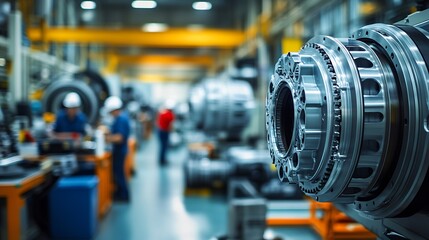 Fototapeta premium Detail of Precision Engineering Parts in High-Tech Manufacturing Plant with Workers in Background : Generative AI
