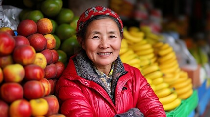 Smiling elderly woman in a red jacket at a vibrant fruit market with apples and bananas.