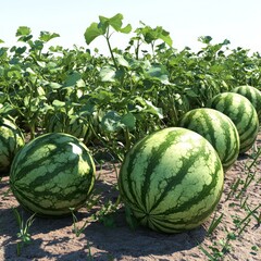 Lush Watermelon Field Under Bright Blue Sky, Fresh and Healthy Fruits Growing on Vine in Vibrant Agricultural Landscape