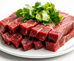 Fototapeta premium Glazed BBQ Char Siu Pork Slices with Fresh Cilantro Garnish