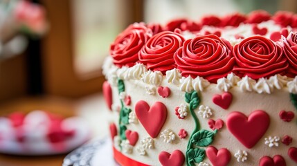 Romantic Red Rose and Heart Cake: A Valentine's Day Delight