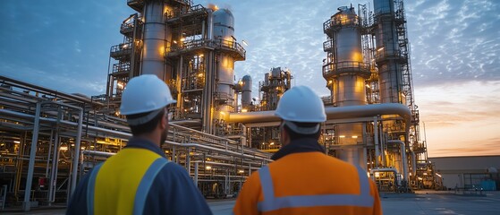 Industrial workers walking through a modern oil refinery at dusk, with illuminated machinery and intricate pipelines glowing in the fading light