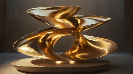Elegant Golden Mobius Strip Sculpture with Abstract Curves and Interior Design Aesthetic.
