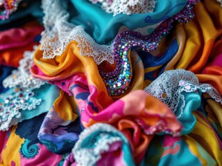Vibrant fabric with sequins and lace for fashion and textile design