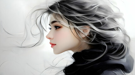 Naklejka premium Woman Gazing Serenely: Portrait Art, Drawing, Painting, Illustration