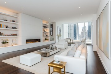 Spacious contemporary family room featuring a stylish double-sided gas fireplace and minimalist decor