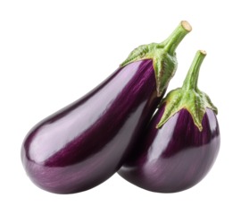 Two fresh eggplants with shiny purple skin and green stems, organic vegetable for healthy cooking, natural food, and diet ingredients isolated on transparent background