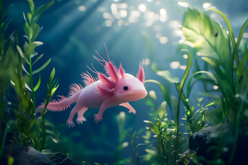 Unique axolotl swims among aquatic plants in clear water lit by sunlight filtering through the surface