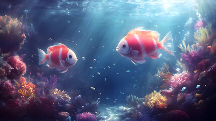 Fototapeta premium Coral Reef Fish Swim Gracefully Through Vibrant Coral Gardens