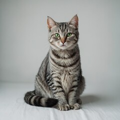 Fototapeta premium A charming silver tabby cat with bright green eyes, sitting on a pristine white background.
