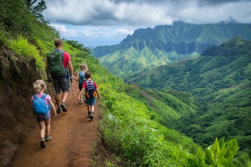 Fototapeta premium Family explores a mountain trail with kids on an adventurous hiking journey surrounded by lush greenery