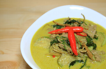 Bowl of Green Curry with Beef Called Gaeng Kiaw Wan Neua, One of Popular Thai Central Region Dishes