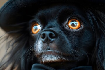 Charming Black Dog in Elegant Hat with Striking Amber Eyes for Conceptual Pet Photography
