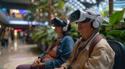 Fototapeta premium Seniors enjoying virtual travel experiences through immersive VR technology in a botanical garden environment