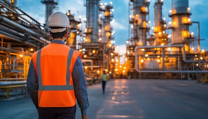 Modern oil refinery at dusk, industrial workers walking past glowing pipelines and machinery, illuminated against the darkening sky