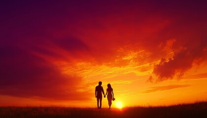 Fototapeta premium Silhouetted Couple Holding Hands Standing on Horizon With Vibrant Sunset, Peaceful Love Background.